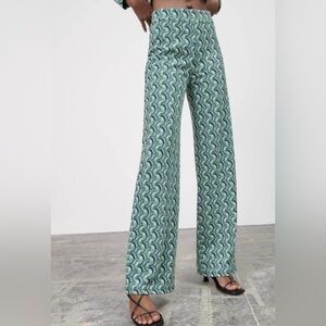 Zara Geometric Pattern Jacquard Knit Wide Leg Pants Green Size M 28